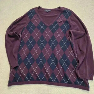 Tommy Hilfiger Men's Long Sleeve Argyle V-neck Sweater 2X Cotton Pullover